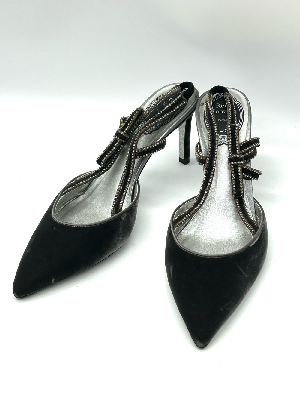 Rene Caovilla Black Velvet Slingback Crystal Heels Shoes